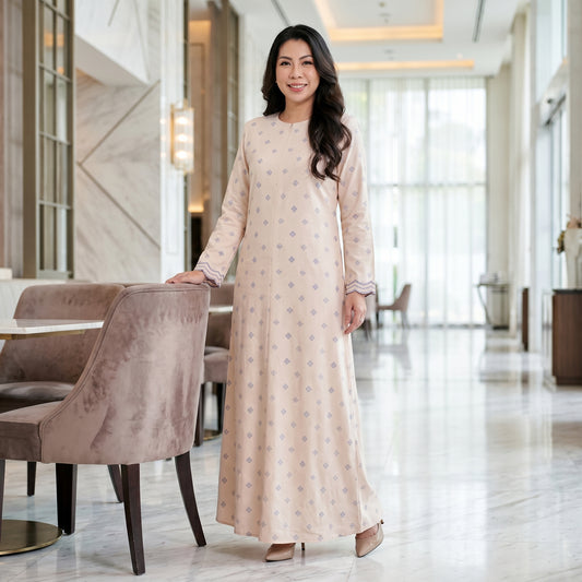 Nayla Jubah Dress – Nude Ivory Mist Blue | Stretchable Cotton Modest Maxi Dress | Size 40–52