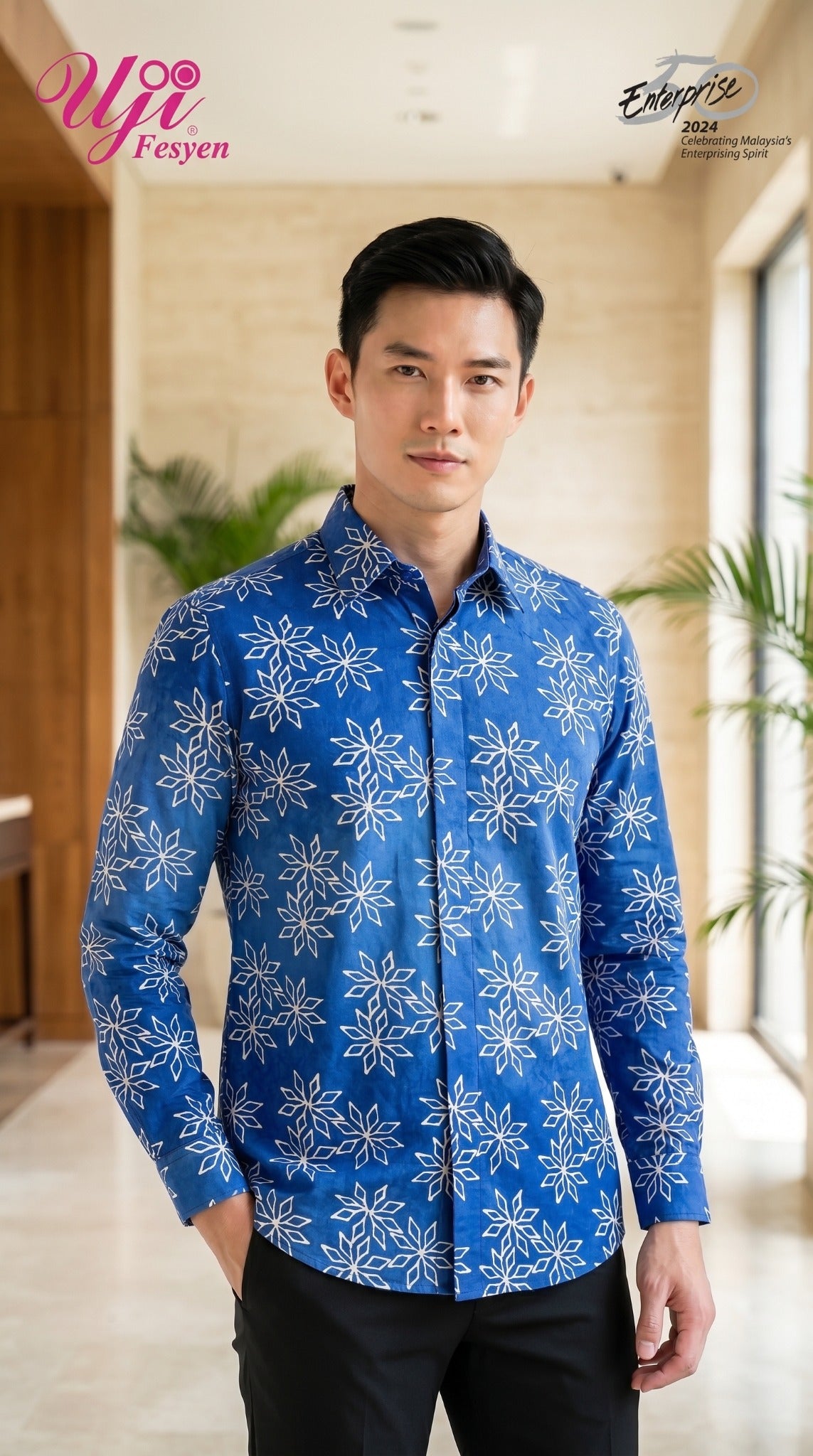 RONA Bunga Bintang Indigo Ivory men’s batik shirt by Uji Fesyen