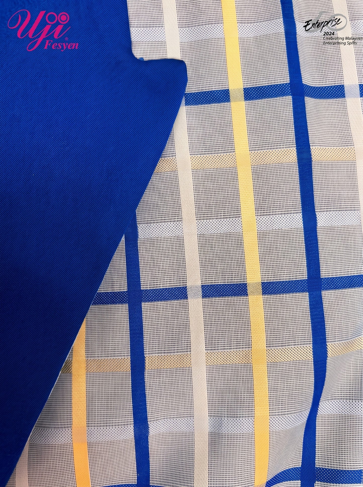 Premium cotton plaid and royal blue lapel fabric detail