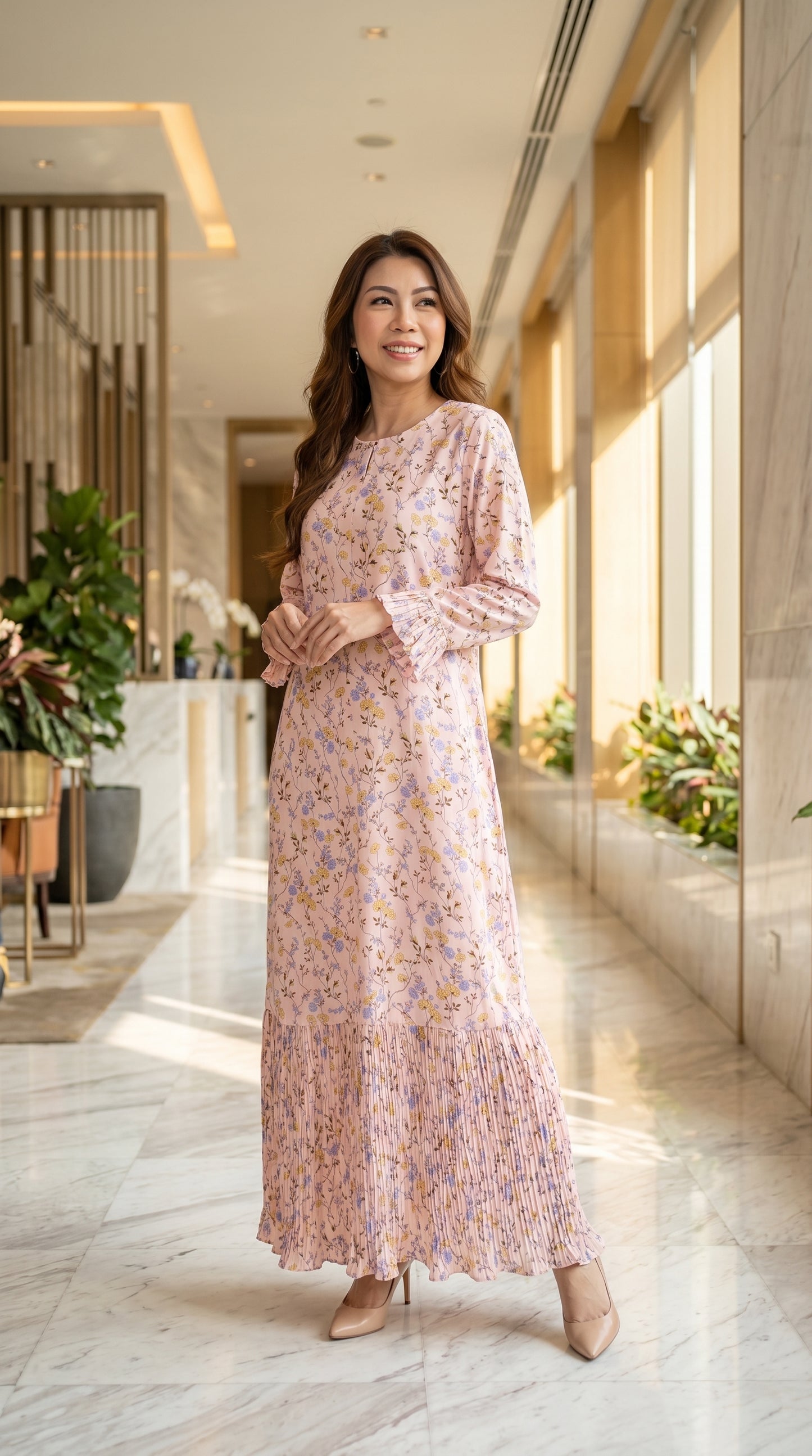 Pink Floral Pleated Dress — Soft Flowy Modest Dress with Pleated Hem & Cuff