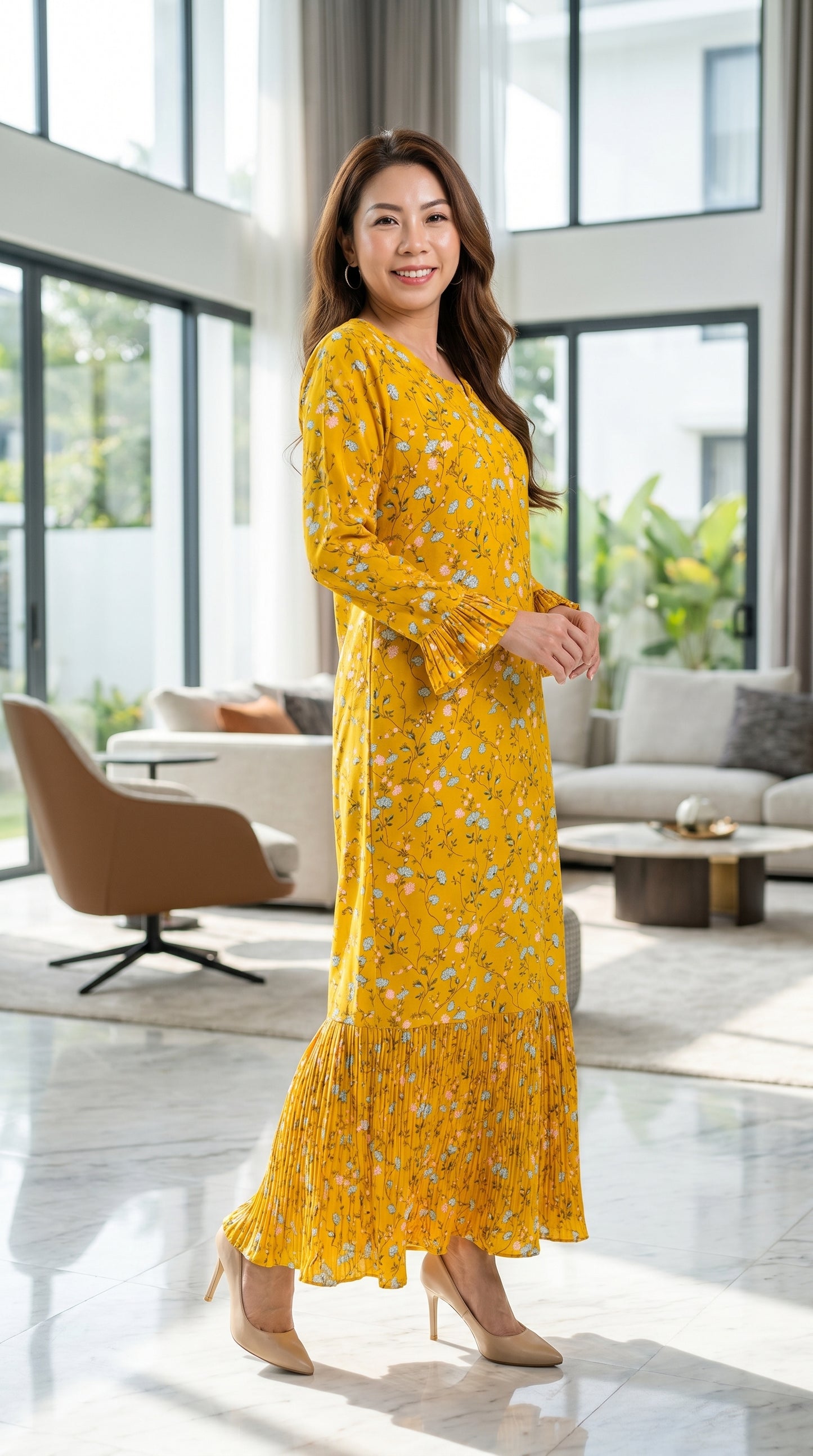 Pink Floral Pleated Dress — Soft Flowy Modest Dress with Pleated Hem & Cuff