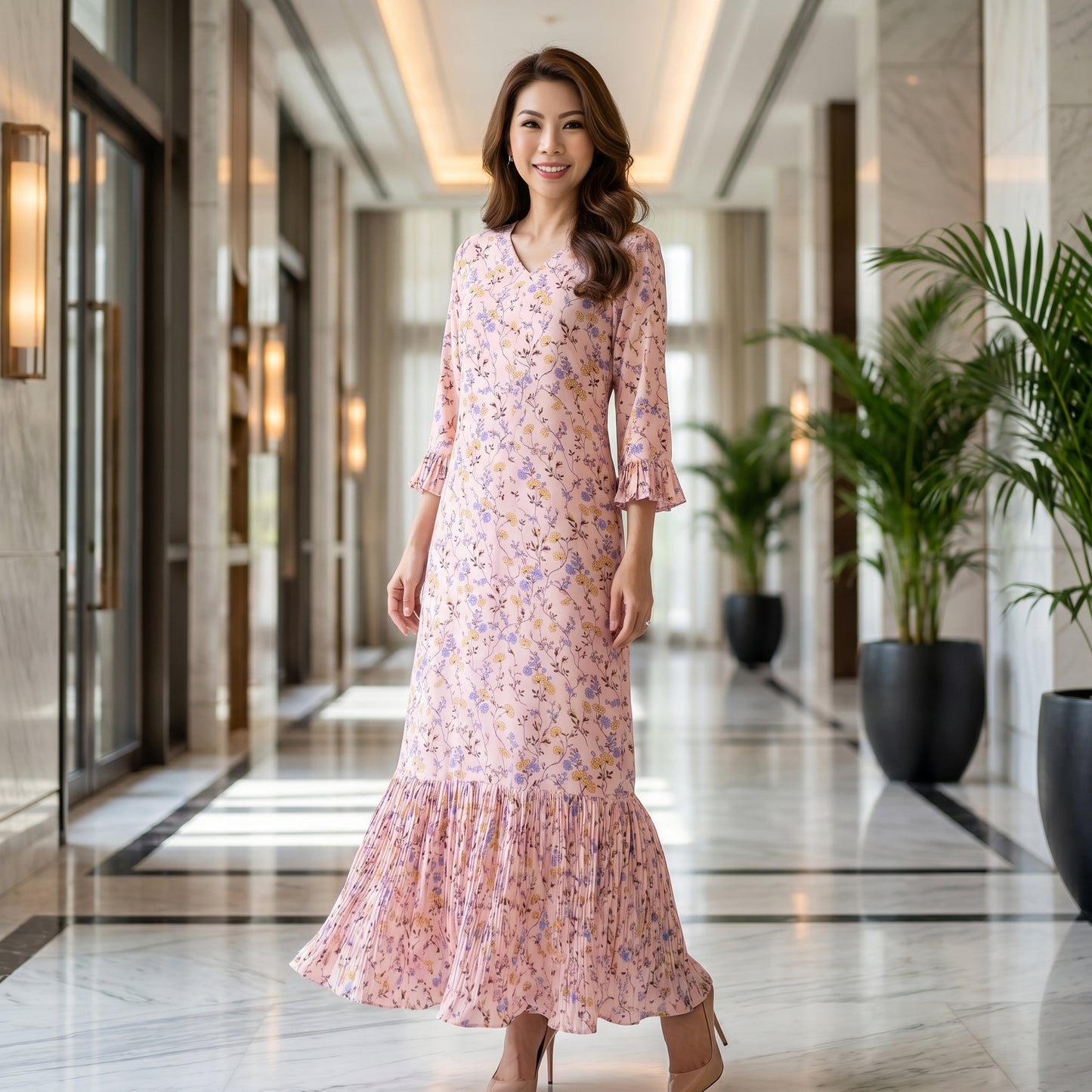 Pink Floral Pleated Dress — Soft Flowy Modest Dress with Pleated Hem & Cuff
