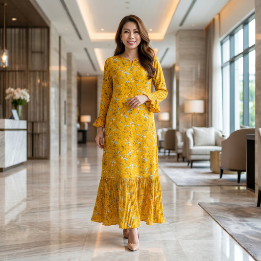 Mustard Floral Pleated Dress — Vibrant Flowy Modest Dress with Pleated Hem & Cuff