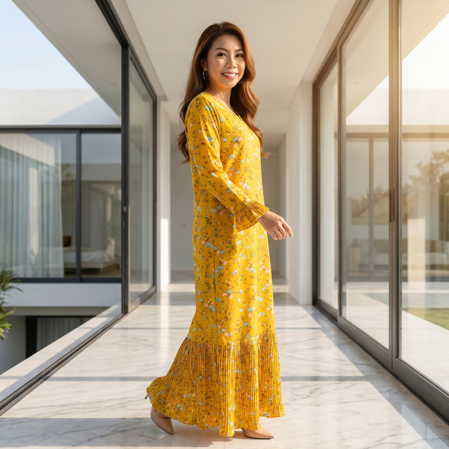 Mustard Floral Pleated Dress — Vibrant Flowy Modest Dress with Pleated Hem & Cuff