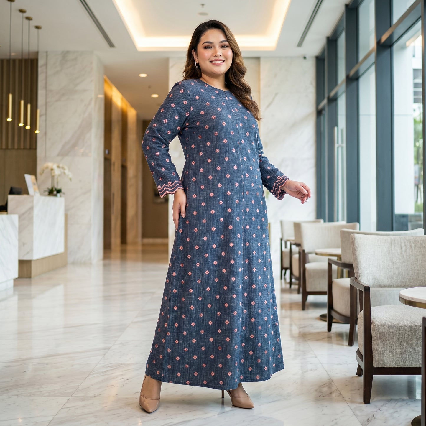 Nayla Jubah Dress – Midnight Navy Rose | Stretchable Cotton Modest Maxi Dress | Size 40–52