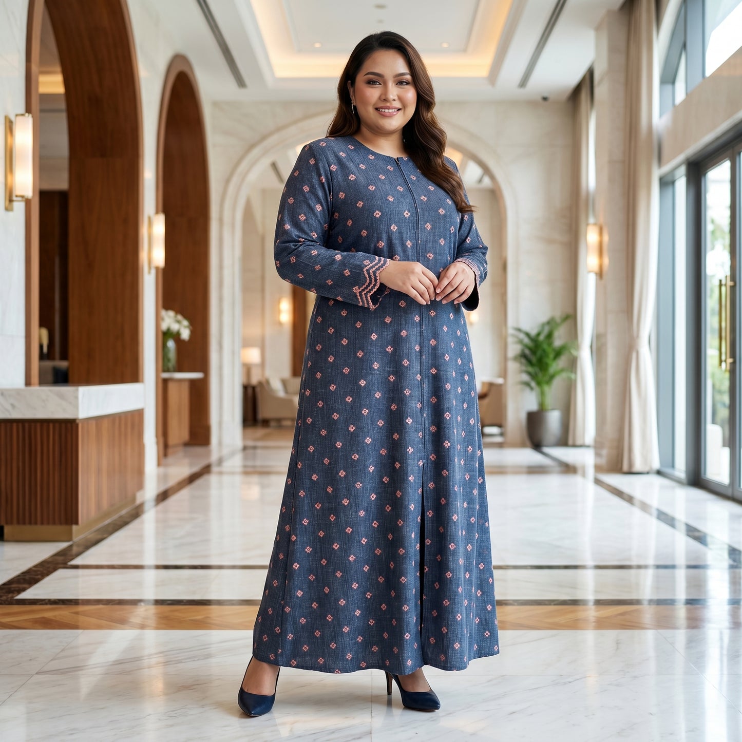 Nayla Jubah Dress – Midnight Navy Rose | Stretchable Cotton Modest Maxi Dress | Size 40–52