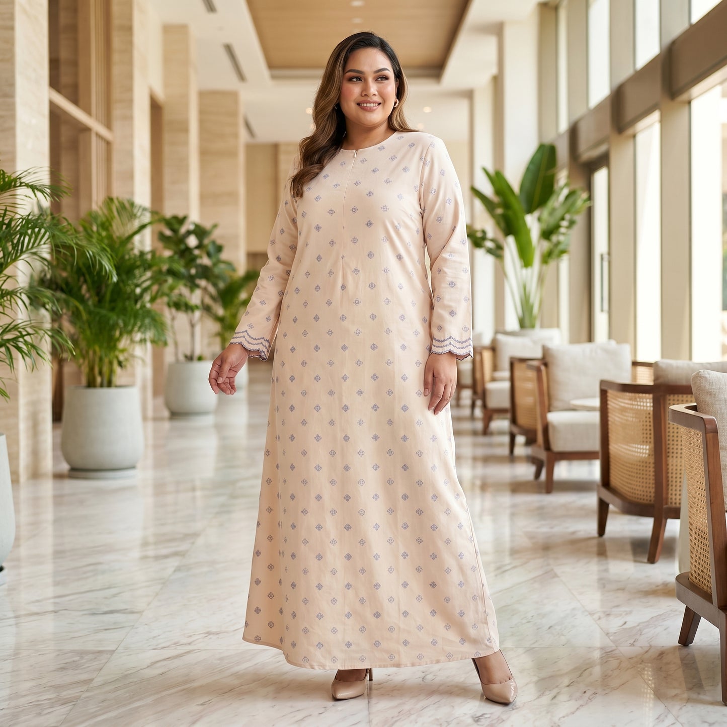 Nayla Jubah Dress – Nude Ivory Mist Blue | Stretchable Cotton Modest Maxi Dress | Size 40–52