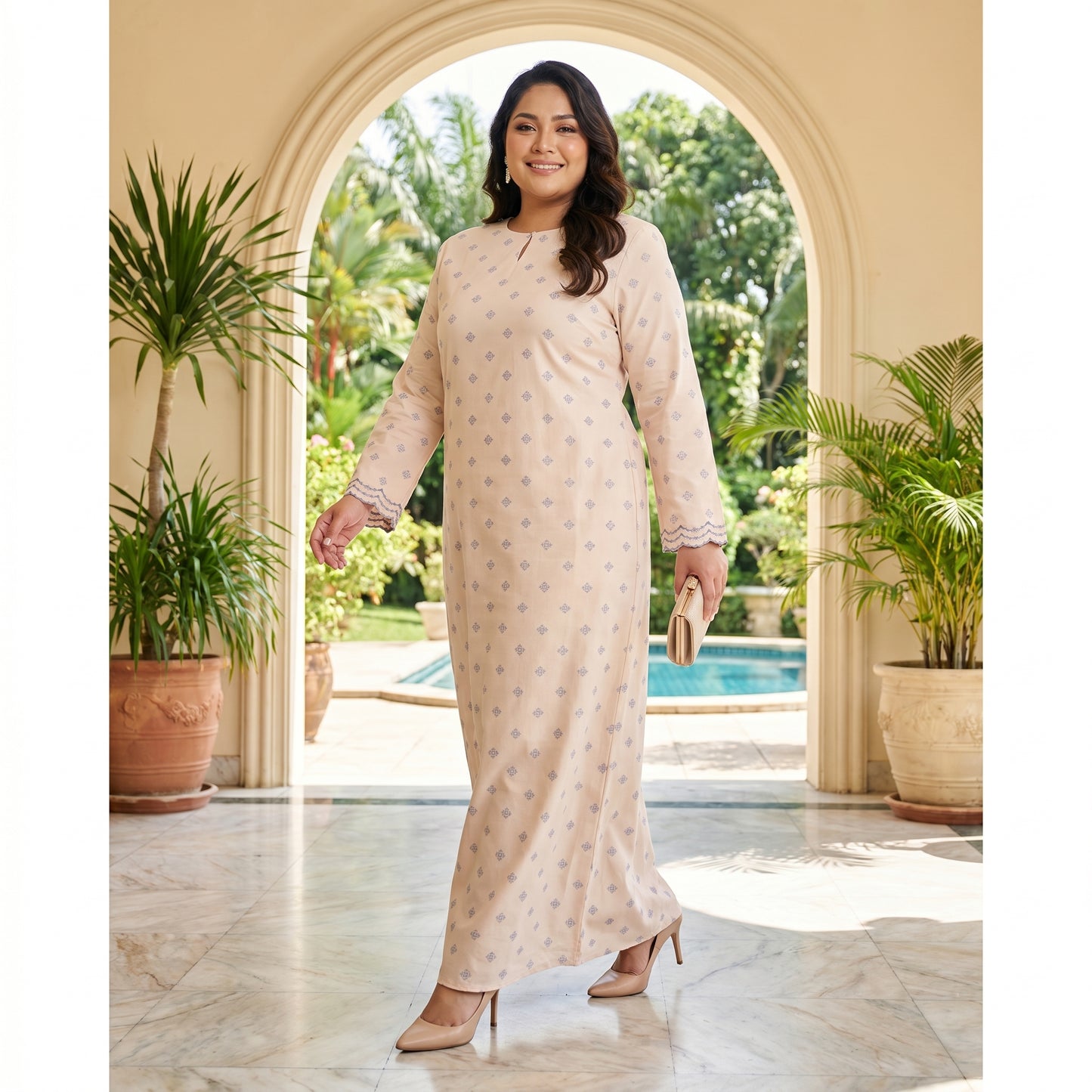 Nayla Jubah Dress – Nude Ivory Mist Blue | Stretchable Cotton Modest Maxi Dress | Size 40–52