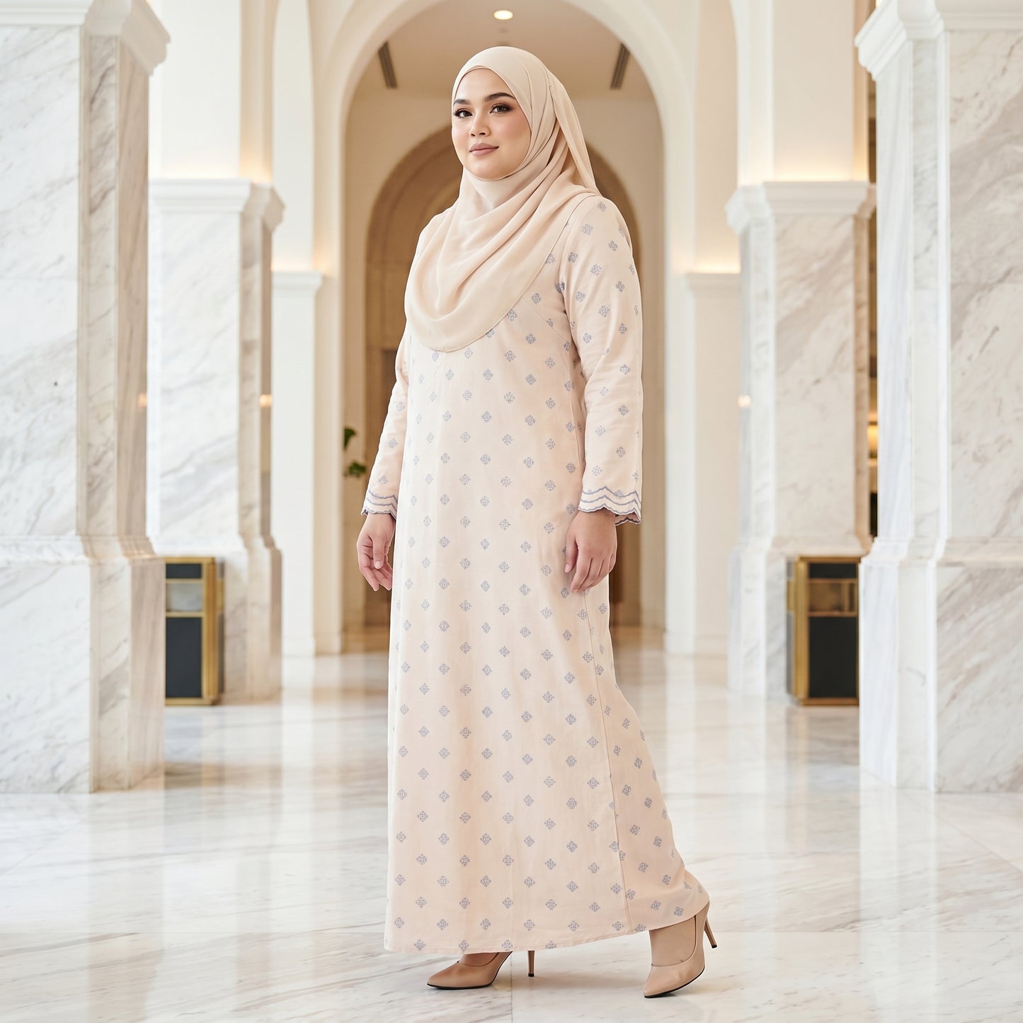 Nayla Jubah Dress – Nude Ivory Mist Blue | Stretchable Cotton Modest Maxi Dress | Size 40–52
