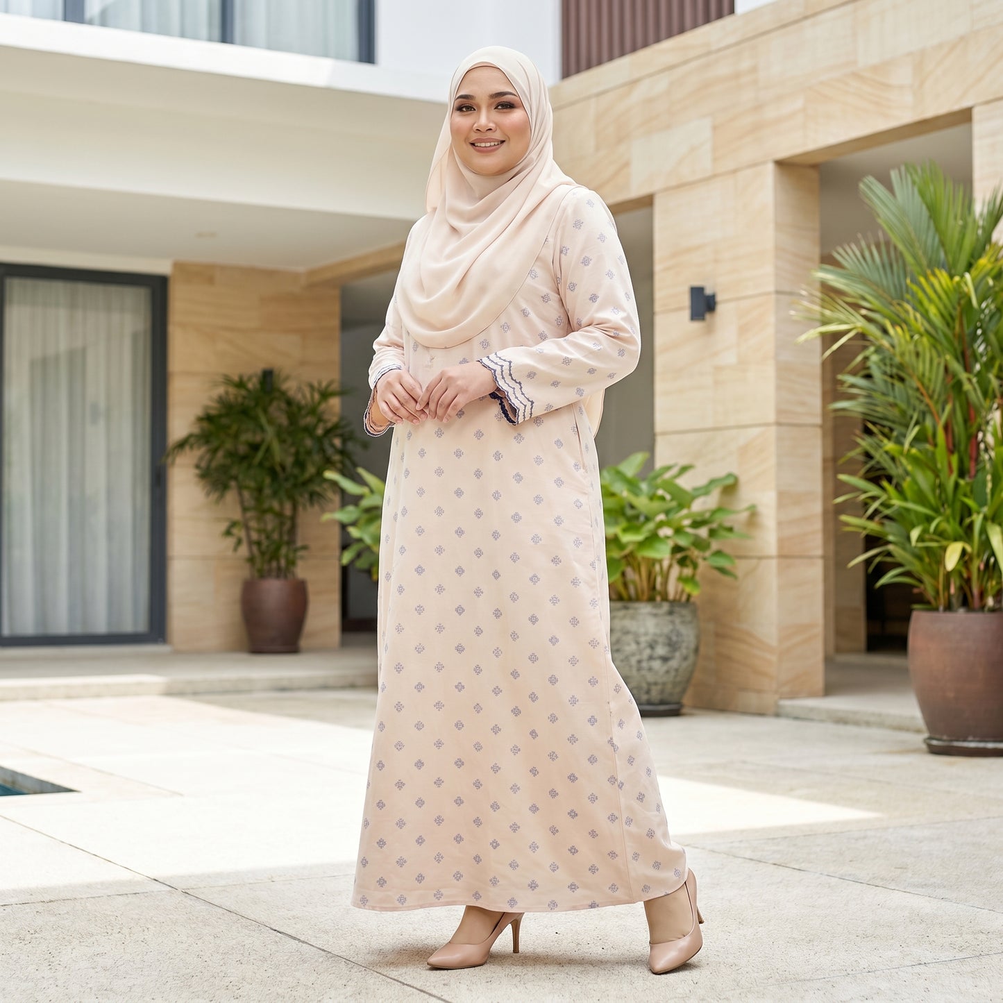 Nayla Jubah Dress – Nude Ivory Mist Blue | Stretchable Cotton Modest Maxi Dress | Size 40–52