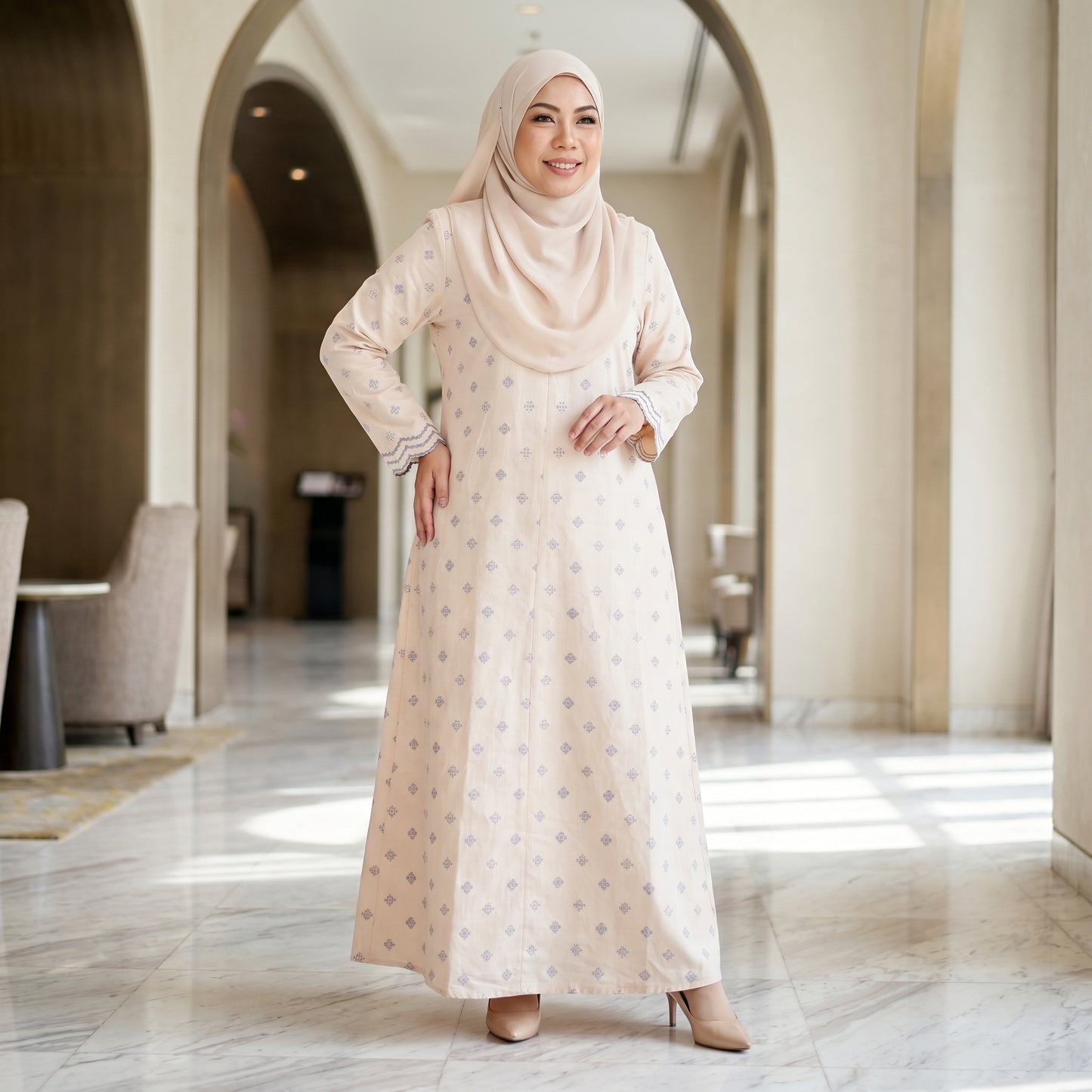 Nayla Jubah Dress – Nude Ivory Mist Blue | Stretchable Cotton Modest Maxi Dress | Size 40–52