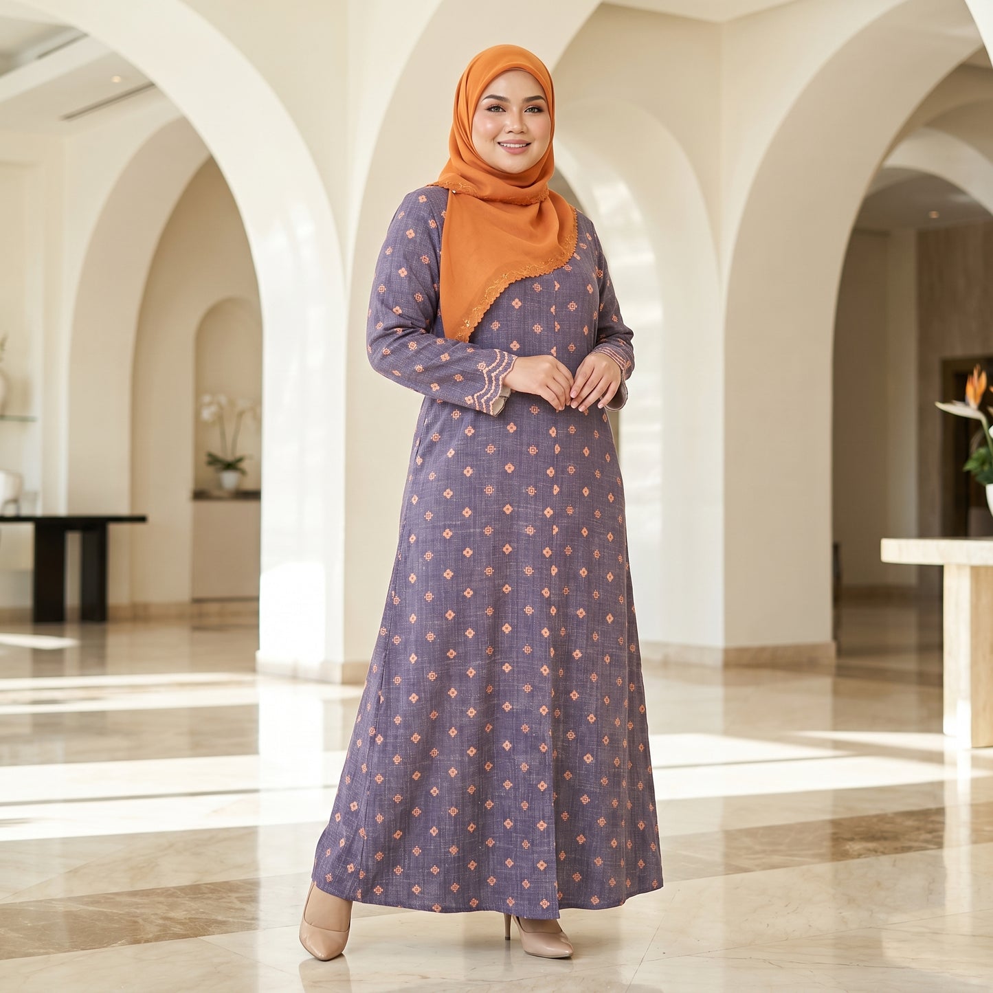 Nayla Jubah Dress – Royal Plum Peach | Stretchable Cotton Modest Maxi Dress | Size 40–52