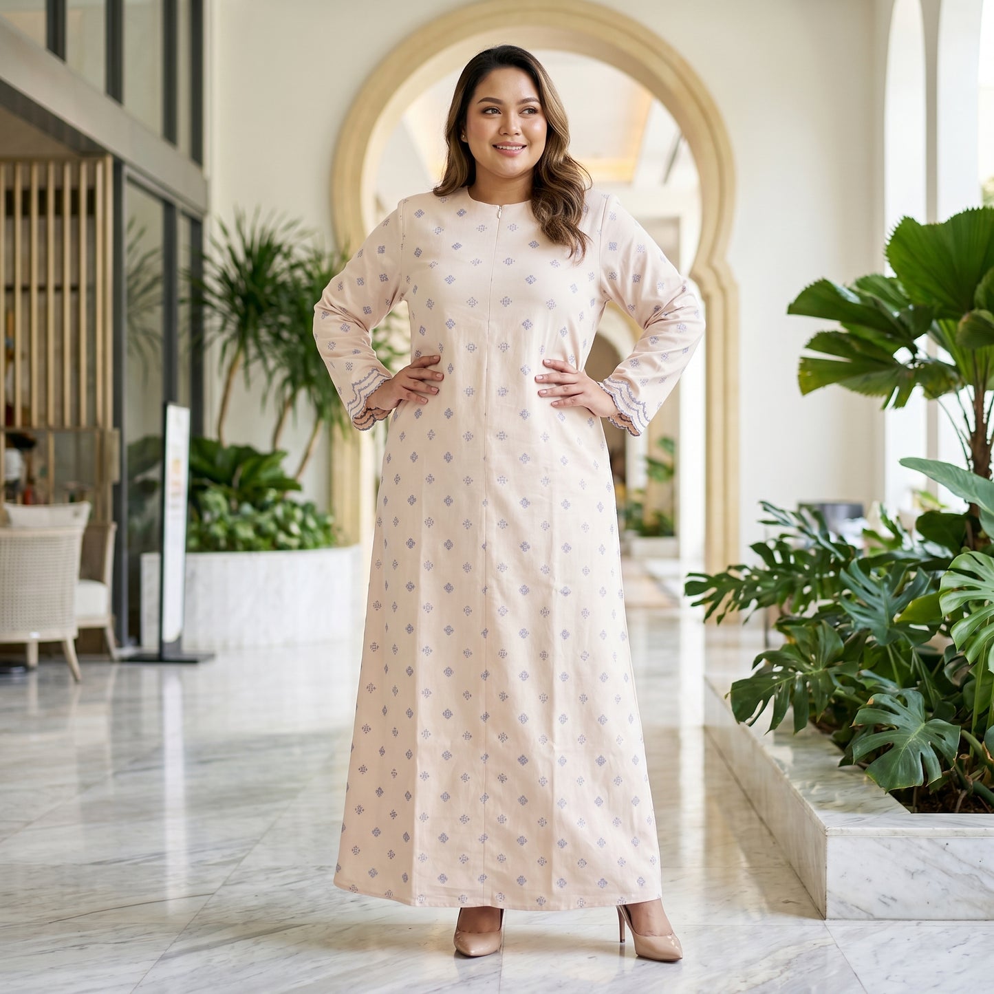 Nayla Jubah Dress – Nude Ivory Mist Blue | Stretchable Cotton Modest Maxi Dress | Size 40–52