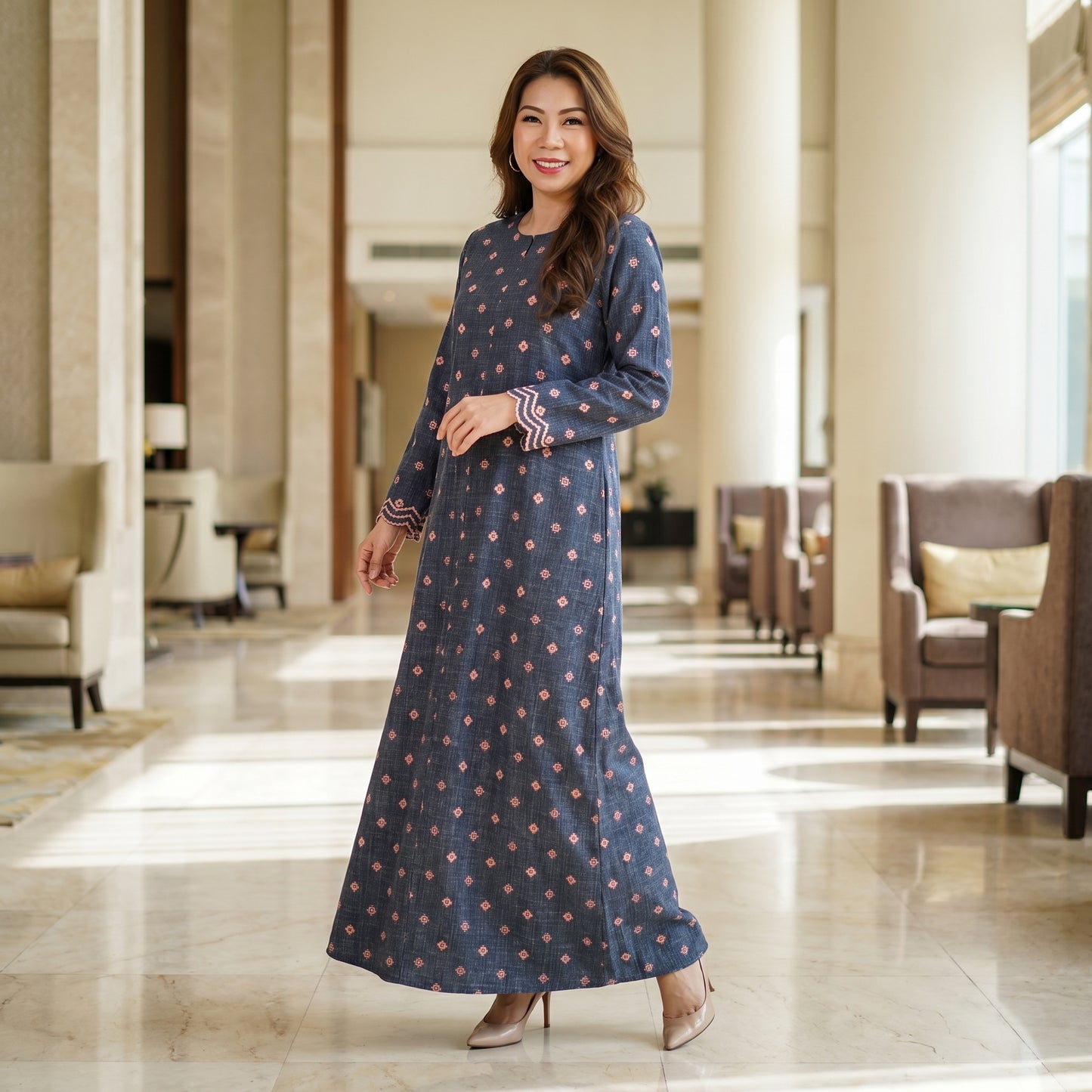 Nayla Jubah Dress – Midnight Navy Rose | Stretchable Cotton Modest Maxi Dress | Size 40–52