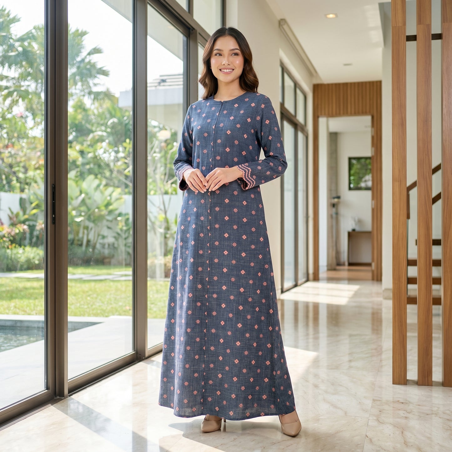 Nayla Jubah Dress – Midnight Navy Rose | Stretchable Cotton Modest Maxi Dress | Size 40–52