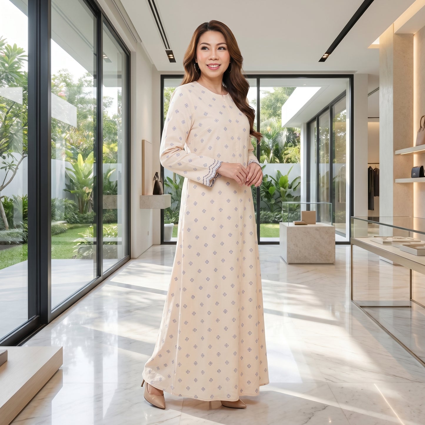 Nayla Jubah Dress – Nude Ivory Mist Blue | Stretchable Cotton Modest Maxi Dress | Size 40–52