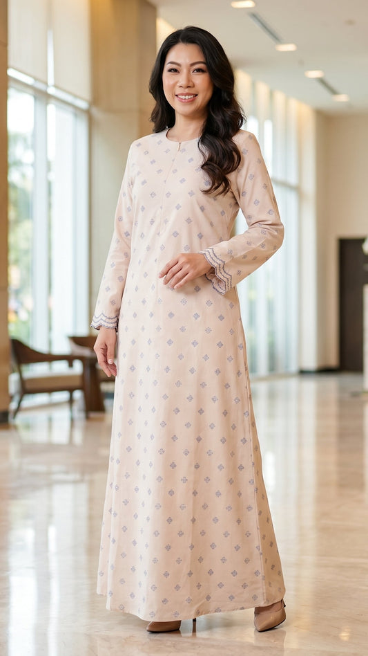 Nayla Jubah Dress – Nude Ivory Mist Blue | Stretchable Cotton Modest Maxi Dress | Size 40–52