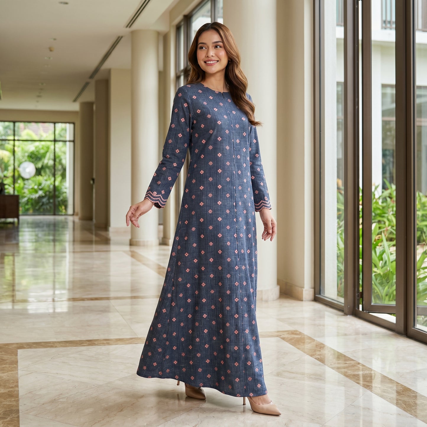 Nayla Jubah Dress – Midnight Navy Rose | Stretchable Cotton Modest Maxi Dress | Size 40–52