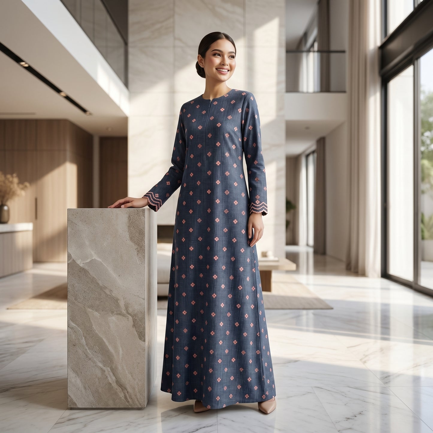 Nayla Jubah Dress – Midnight Navy Rose | Stretchable Cotton Modest Maxi Dress | Size 40–52