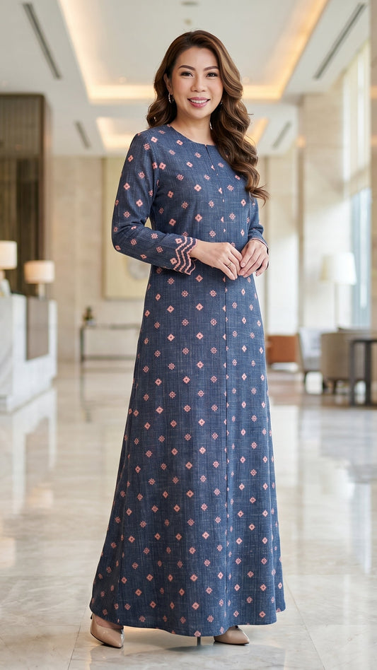 Nayla Jubah Dress – Midnight Navy Rose | Stretchable Cotton Modest Maxi Dress | Size 40–52
