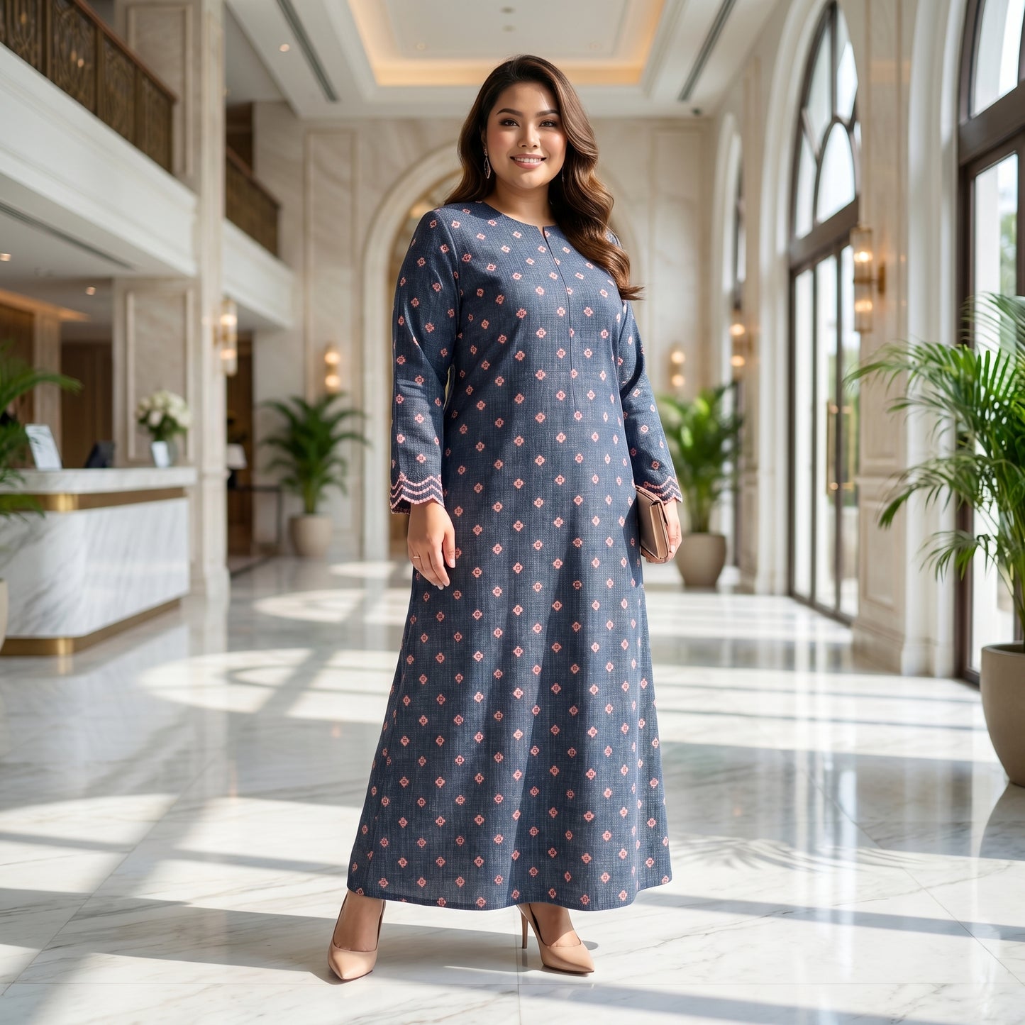 Nayla Jubah Dress – Midnight Navy Rose | Stretchable Cotton Modest Maxi Dress | Size 40–52