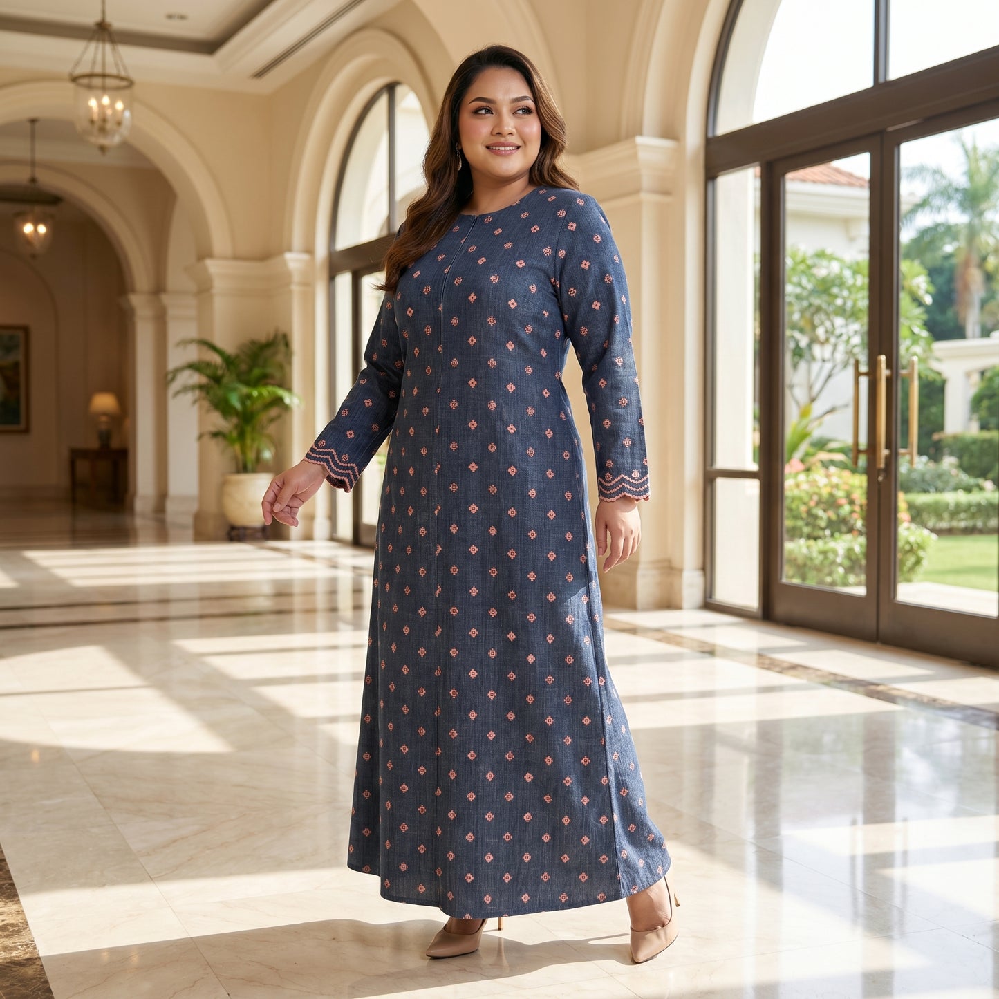 Nayla Jubah Dress – Midnight Navy Rose | Stretchable Cotton Modest Maxi Dress | Size 40–52
