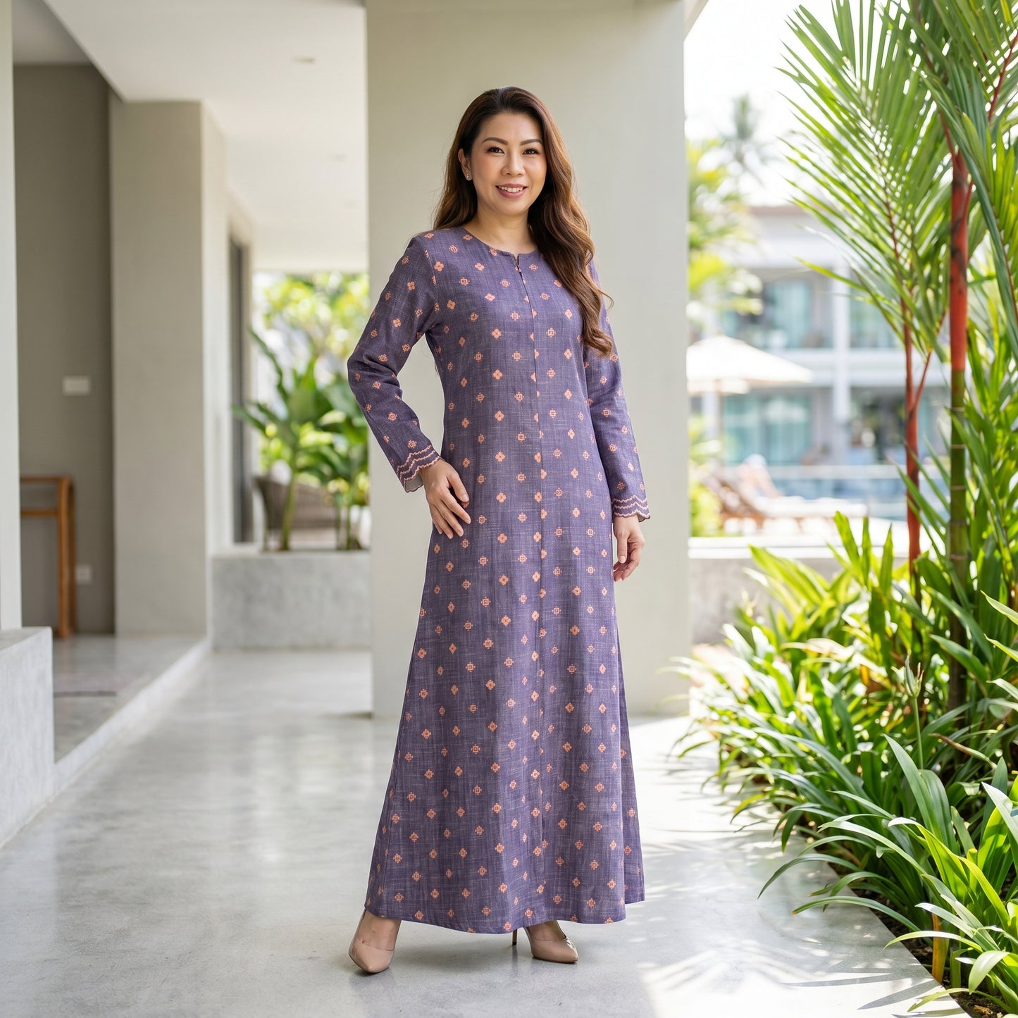 Nayla Jubah Dress – Royal Plum Peach | Stretchable Cotton Modest Maxi Dress | Size 40–52