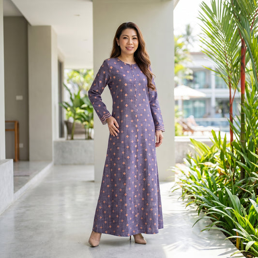 Nayla Jubah Dress – Royal Plum Peach | Stretchable Cotton Modest Maxi Dress | Size 40–52