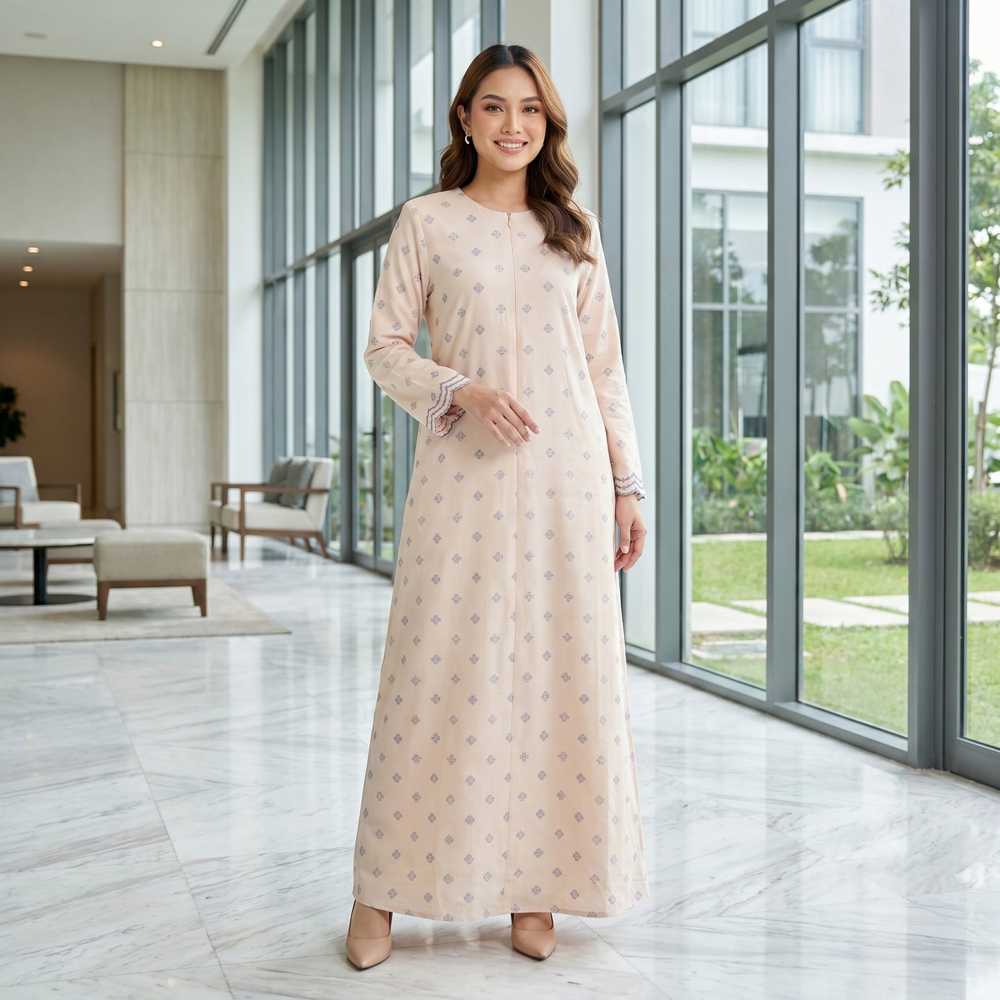 Nayla Jubah Dress – Nude Ivory Mist Blue | Stretchable Cotton Modest Maxi Dress | Size 40–52