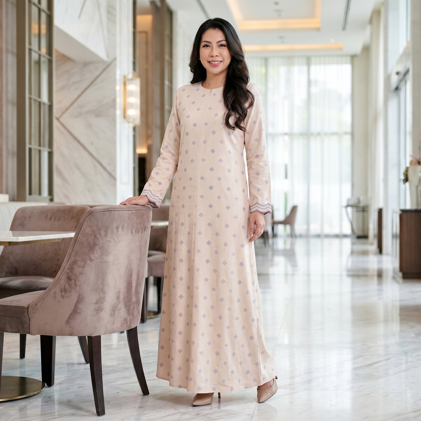 Nayla Jubah Dress – Nude Ivory Mist Blue | Stretchable Cotton Modest Maxi Dress | Size 40–52