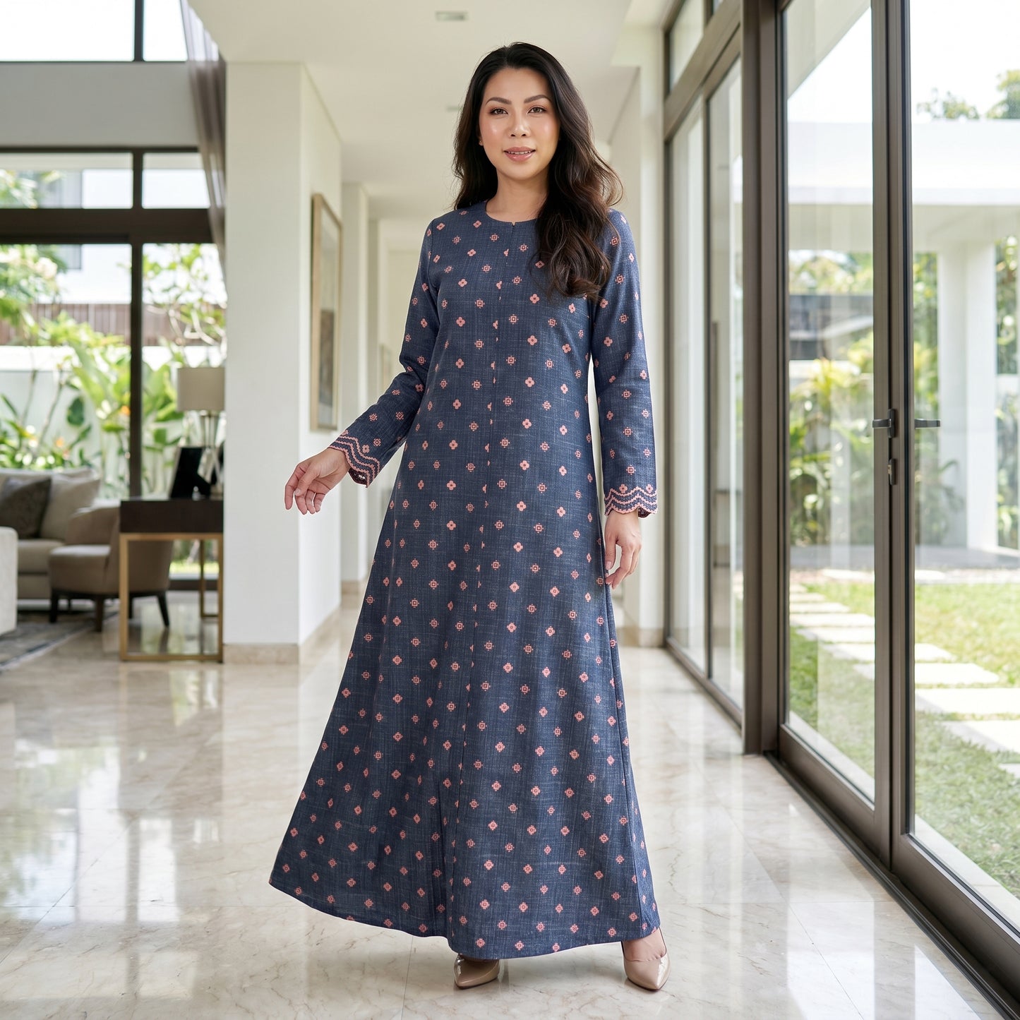 Nayla Jubah Dress – Midnight Navy Rose | Stretchable Cotton Modest Maxi Dress | Size 40–52
