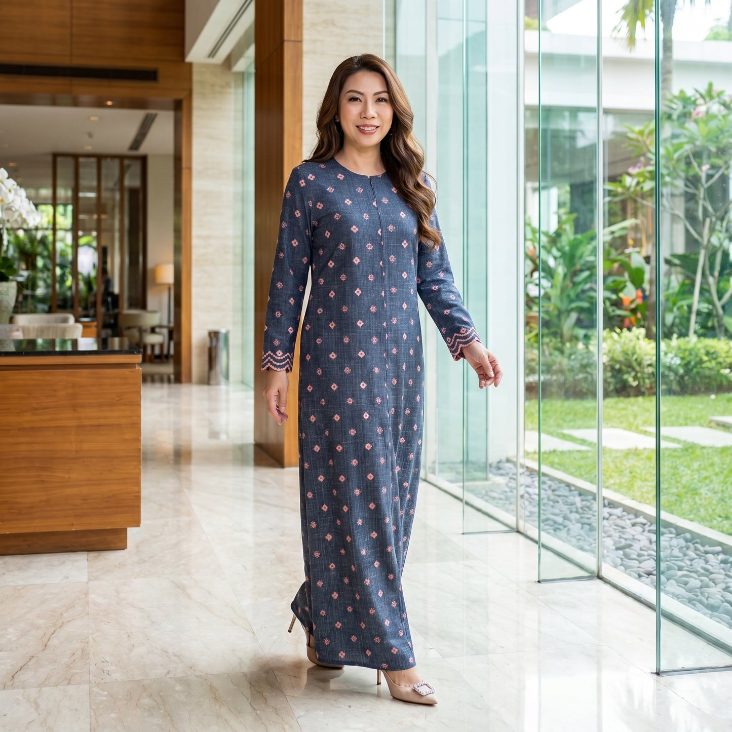 Nayla Jubah Dress – Midnight Navy Rose | Stretchable Cotton Modest Maxi Dress | Size 40–52