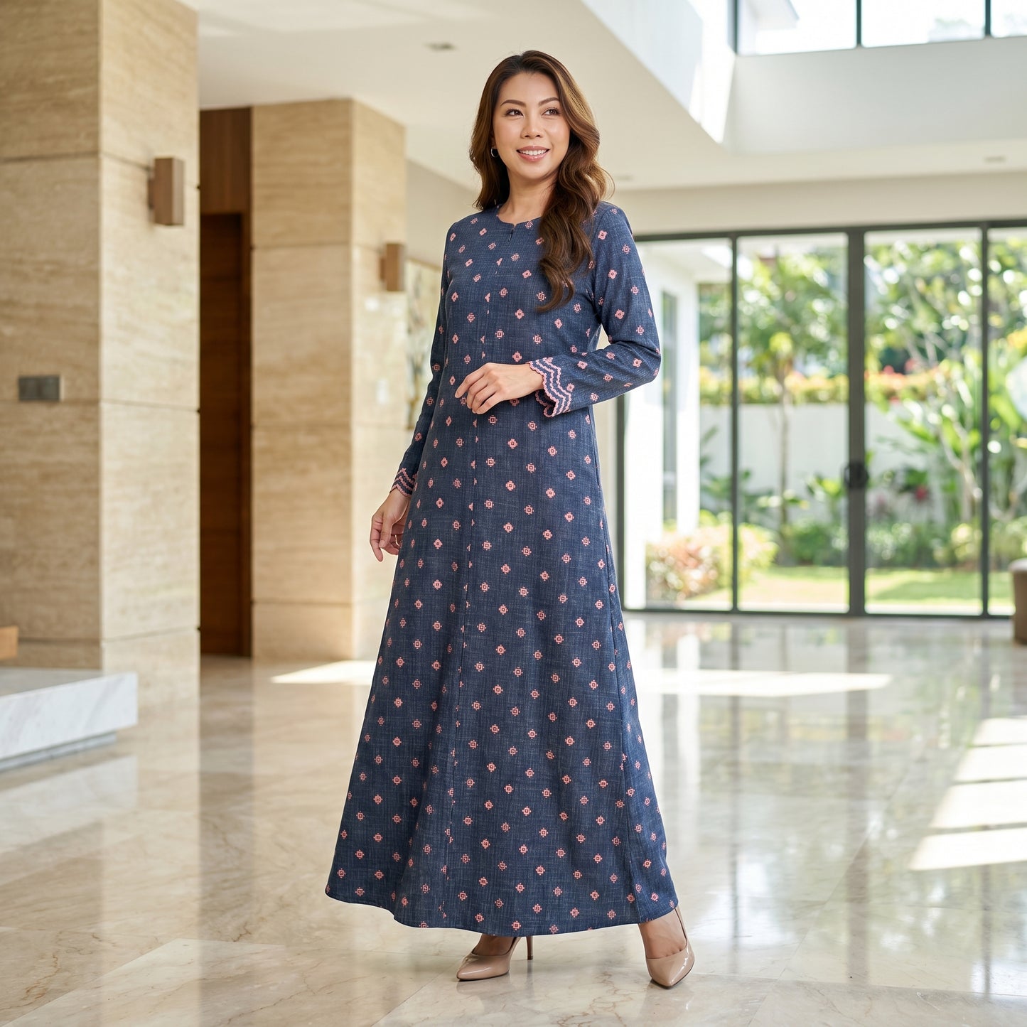 Nayla Jubah Dress – Midnight Navy Rose | Stretchable Cotton Modest Maxi Dress | Size 40–52