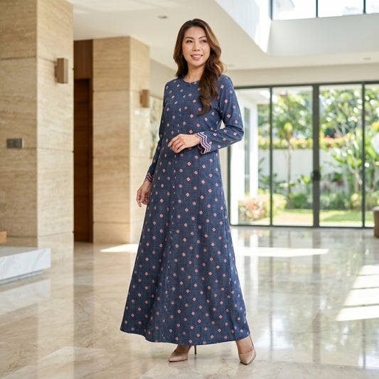 Nayla Jubah Dress – Midnight Navy Rose | Stretchable Cotton Modest Maxi Dress | Size 40–52
