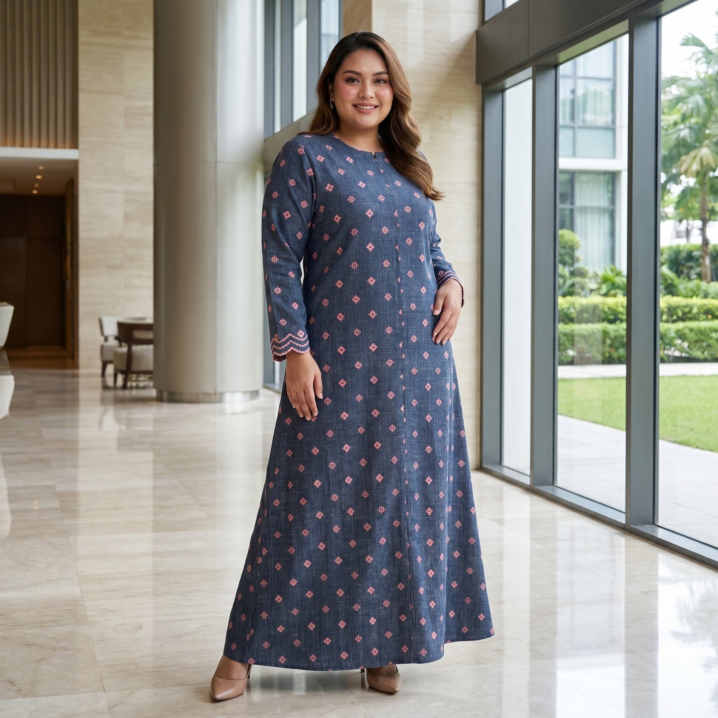 Nayla Jubah Dress – Midnight Navy Rose | Stretchable Cotton Modest Maxi Dress | Size 40–52