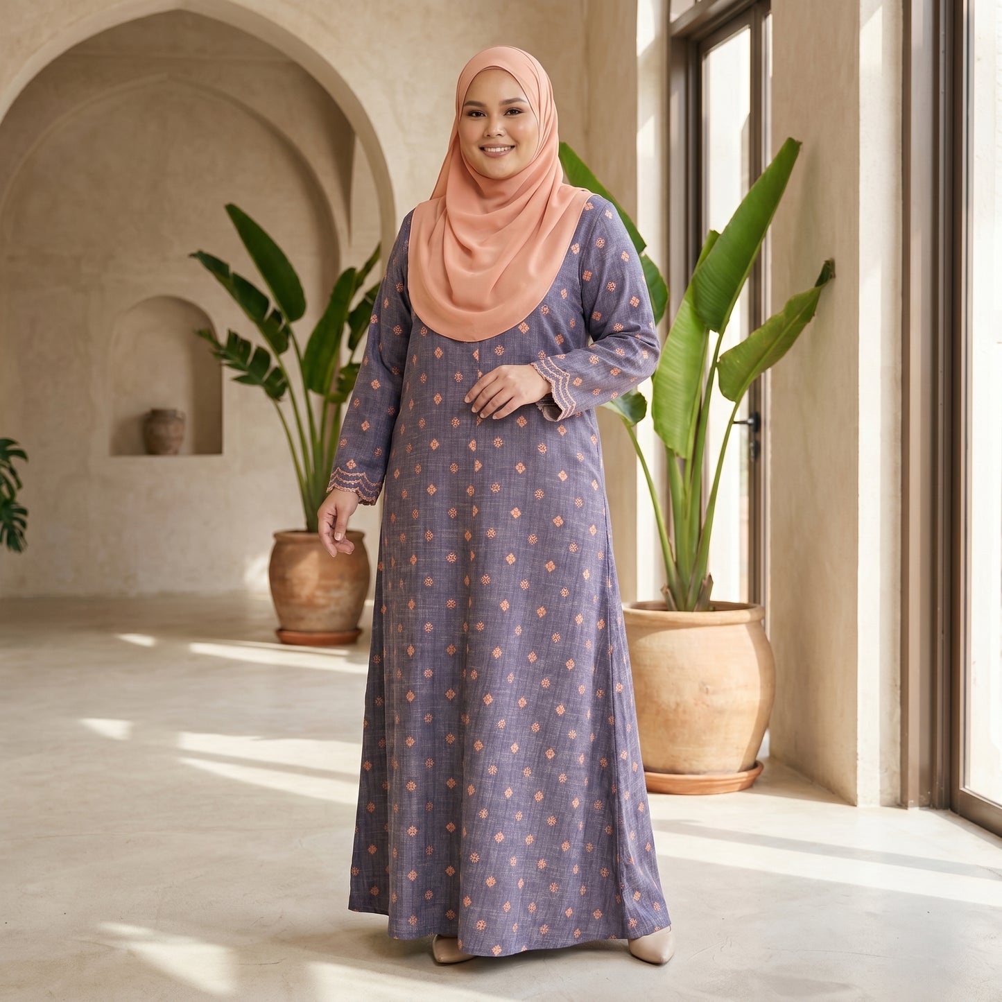 Nayla Jubah Dress – Royal Plum Peach | Stretchable Cotton Modest Maxi Dress | Size 40–52