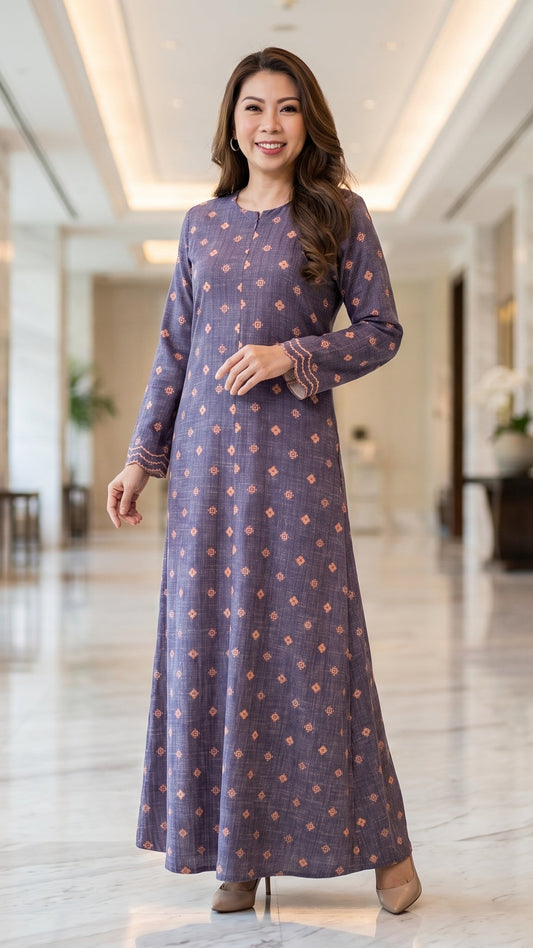 Nayla Jubah Dress – Royal Plum Peach | Stretchable Cotton Modest Maxi Dress | Size 40–52