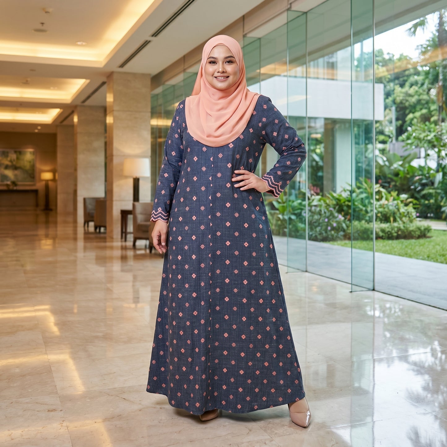 Nayla Jubah Dress – Midnight Navy Rose | Stretchable Cotton Modest Maxi Dress | Size 40–52
