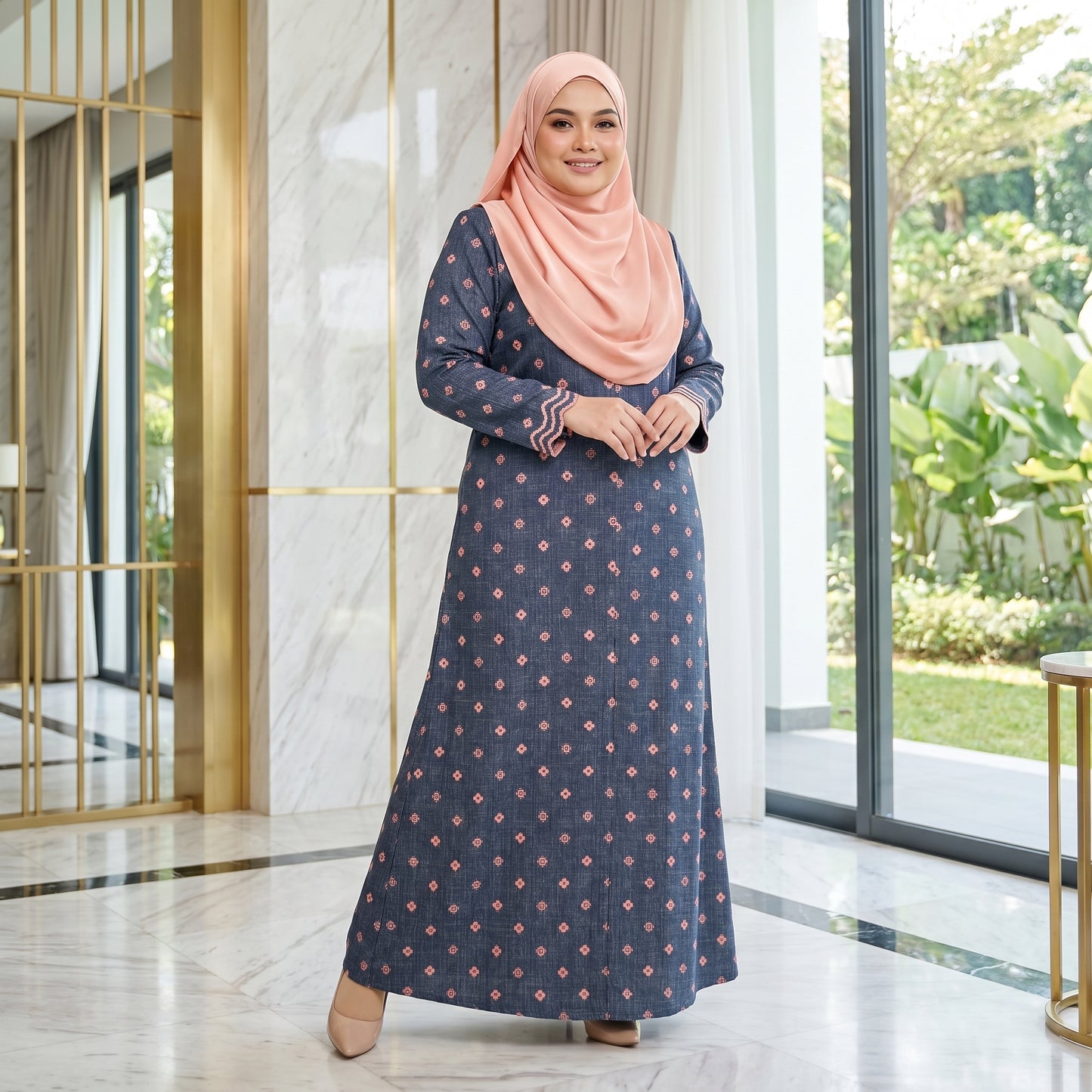 Nayla Jubah Dress – Midnight Navy Rose | Stretchable Cotton Modest Maxi Dress | Size 40–52