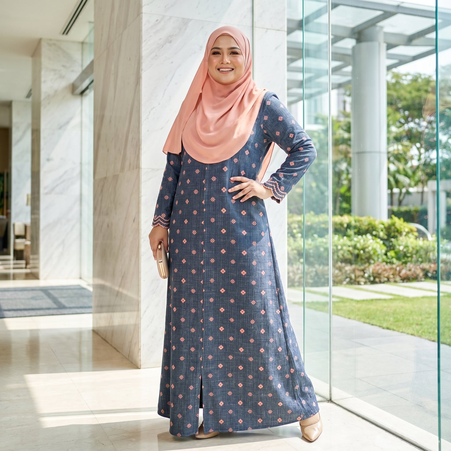 Nayla Jubah Dress – Midnight Navy Rose | Stretchable Cotton Modest Maxi Dress | Size 40–52