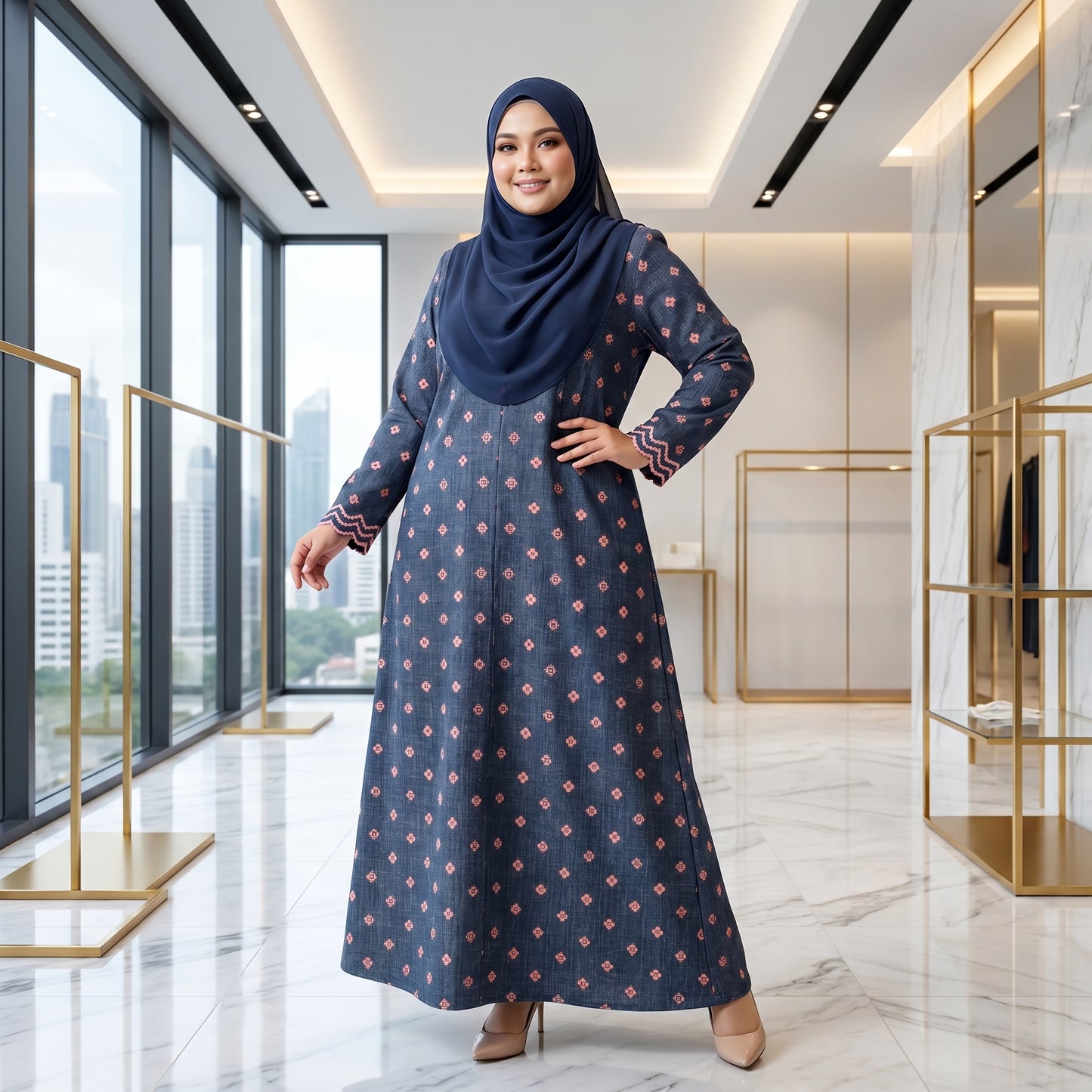 Nayla Jubah Dress – Midnight Navy Rose | Stretchable Cotton Modest Maxi Dress | Size 40–52