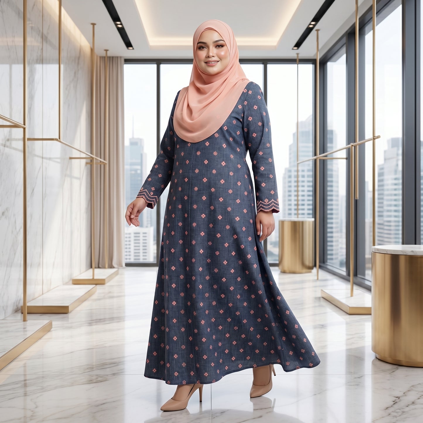 Nayla Jubah Dress – Midnight Navy Rose | Stretchable Cotton Modest Maxi Dress | Size 40–52