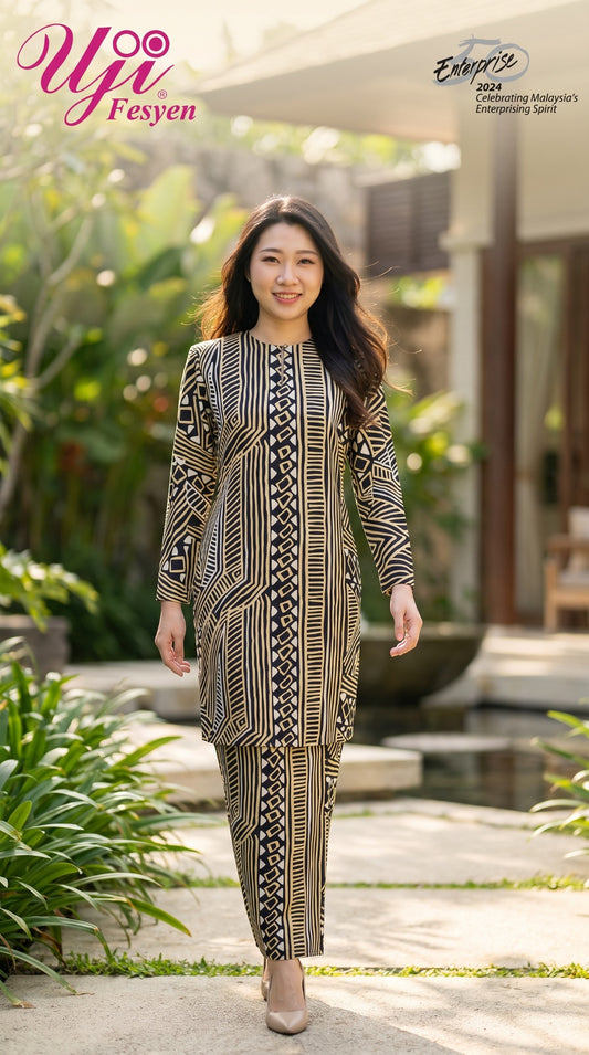 Uji Fesyen Made for You Kurung Moden geometric coordinated set - full front lifestyle view
