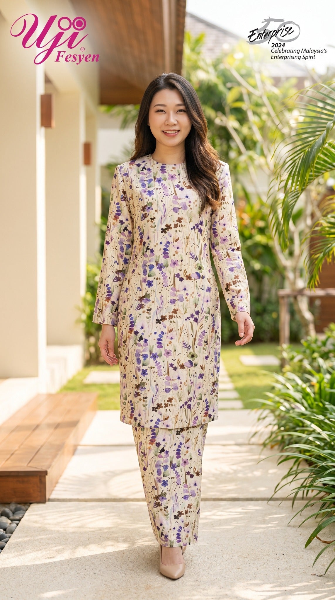 Uji Fesyen Made for You Kurung Moden floral set - full front lifestyle view