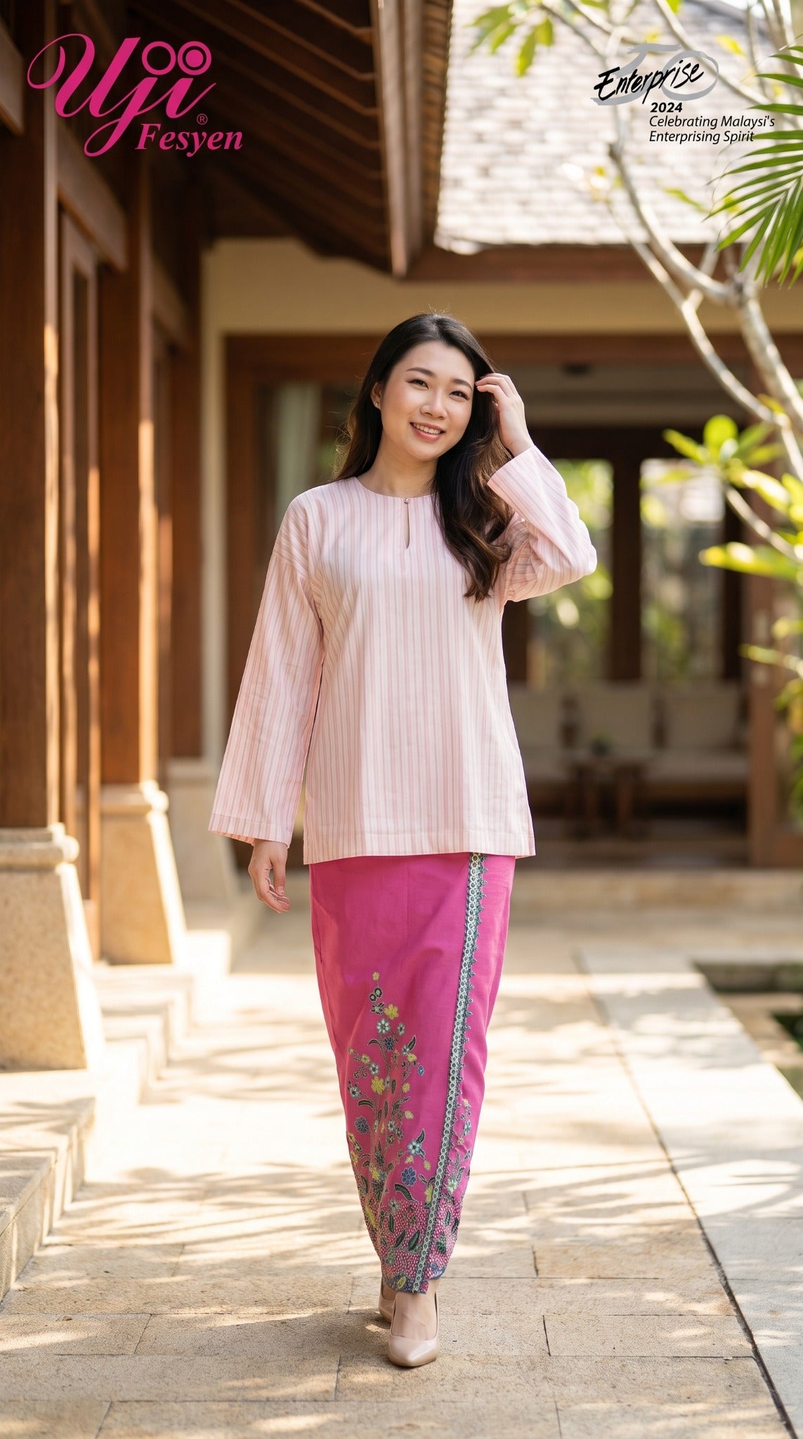 Uji Fesyen Made for You Uji Kedah pink striped top with coordinated skirt - full length lifestyle view