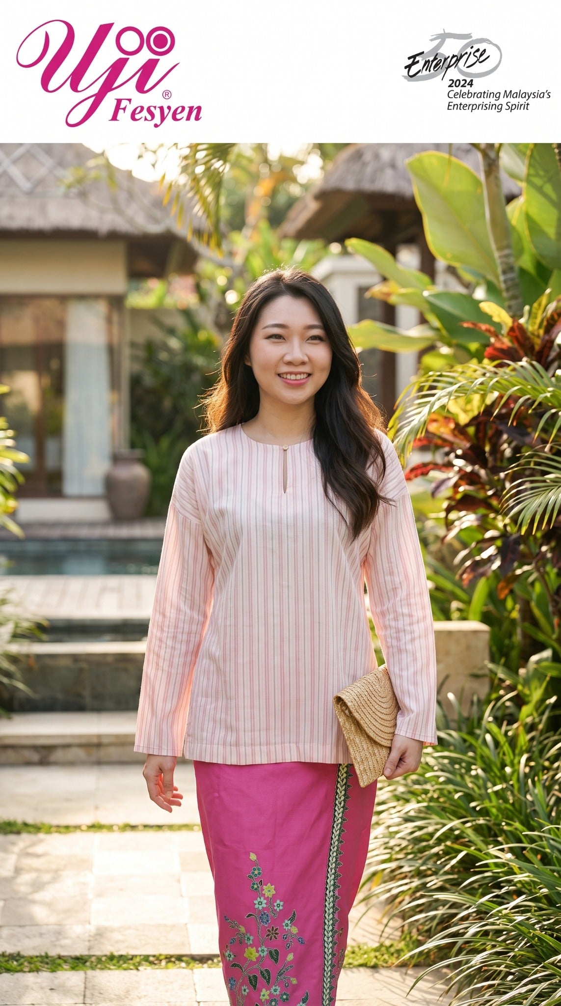 Uji Fesyen Made for You Uji Kedah pink striped top with coordinated skirt - lifestyle view