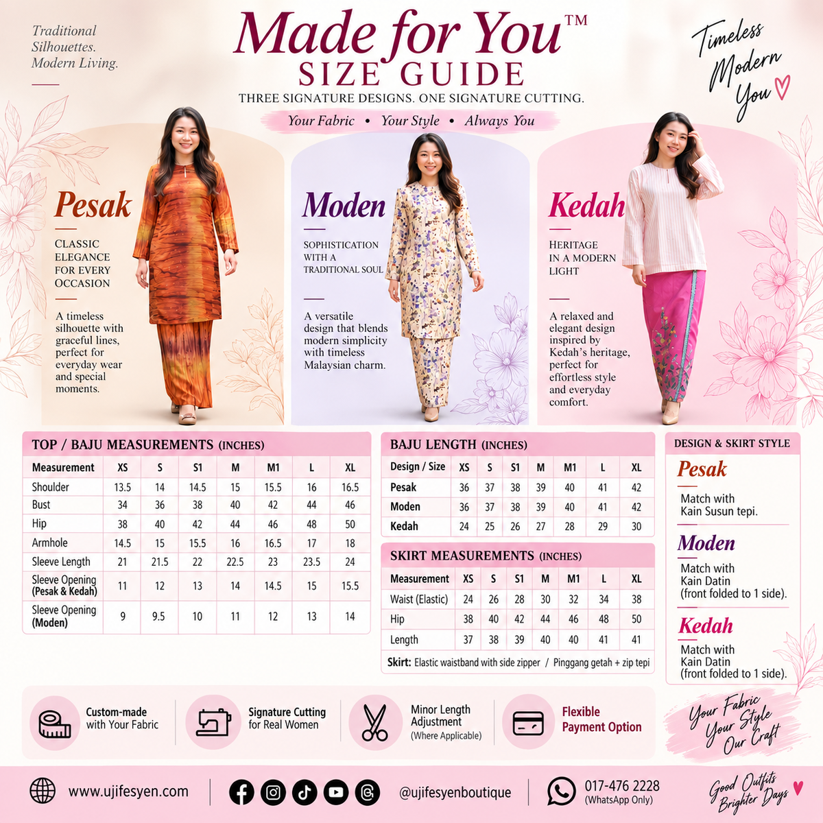 Uji Made for You size guide for Pesak, Moden and Kedah - Signature Uji Cutting sizes XS to XL