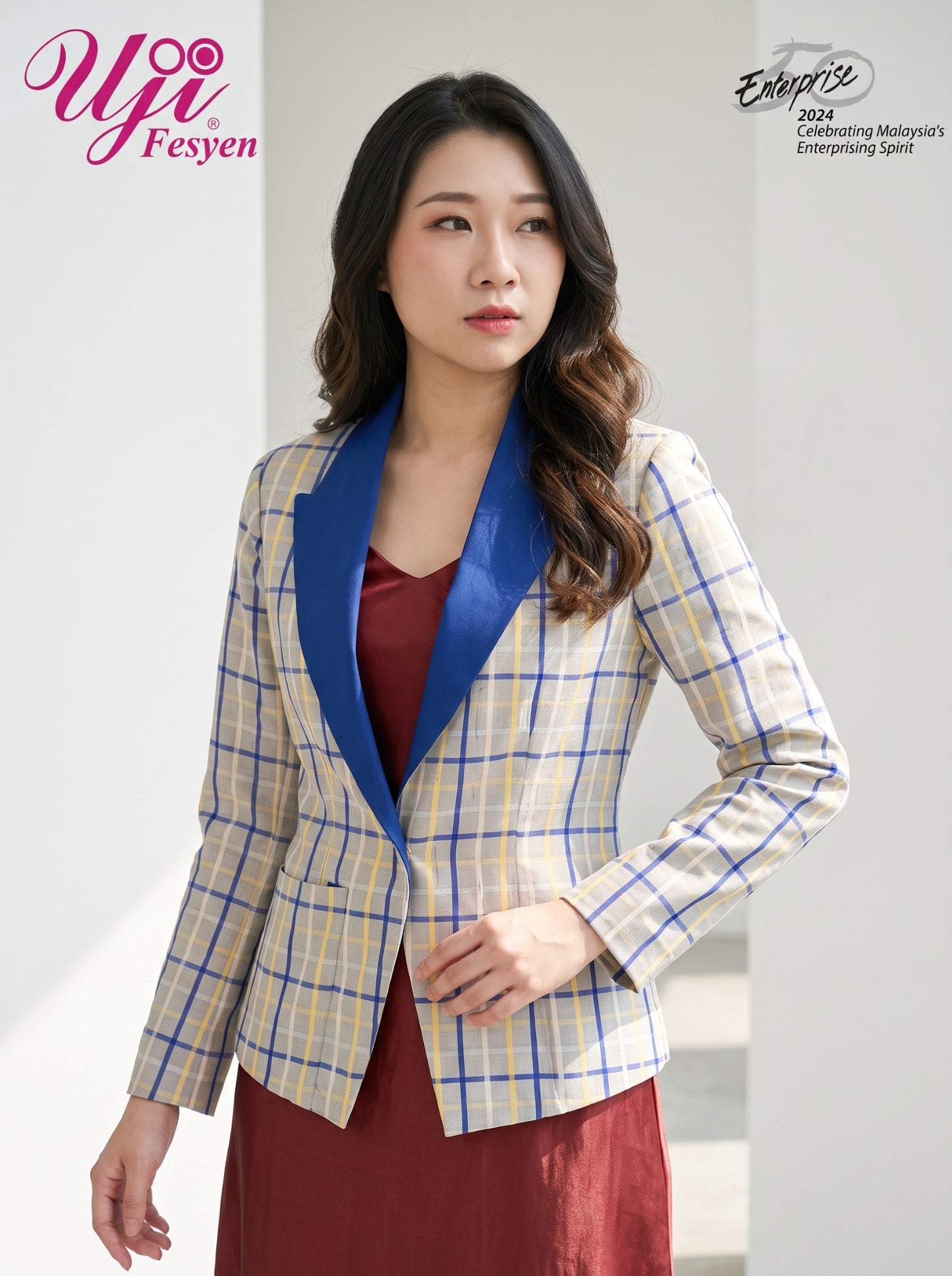 Royal blue contrast lapel tailoring detail on UJI ONE 01 Aria Executive Blazer